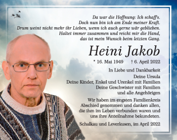 Traueranzeige von Heini Jakob von Südthüringer Presse