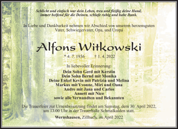 Traueranzeige von Alfons Witkowski von Südthüringer Presse