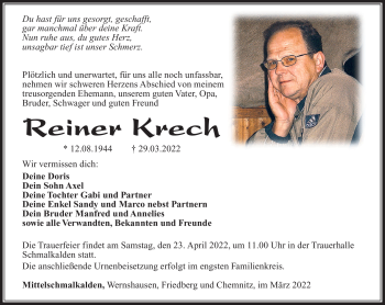 Traueranzeige von Reiner Krech von Südthüringer Presse