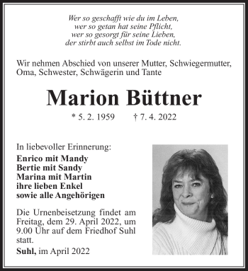 Traueranzeige von Marion Büttner von Südthüringer Presse
