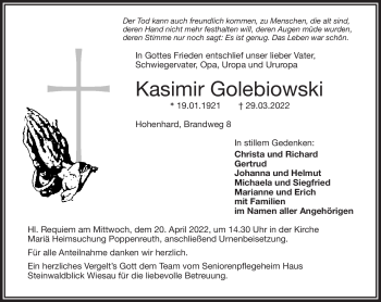 Traueranzeige von Kasimir Golebiowski von Frankenpost