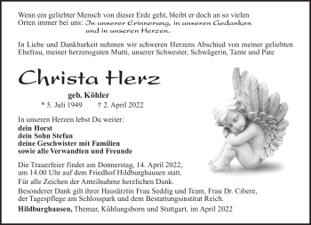 Traueranzeige von Christa Herz von Südthüringer Presse