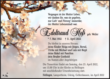 Traueranzeige von Edeltraud Heß von Südthüringer Presse