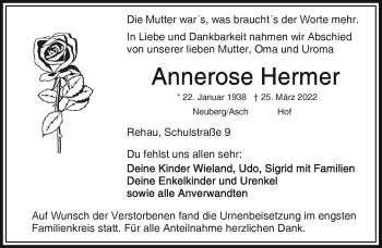 Traueranzeige von Annerose Hermer von Frankenpost