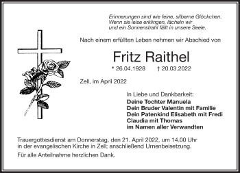Traueranzeige von Fritz Raithel von Frankenpost