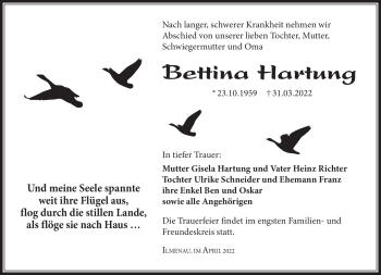 Traueranzeige von Bettina Hartung von Südthüringer Presse