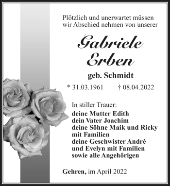 Traueranzeige von Gabriele Erben von Südthüringer Presse