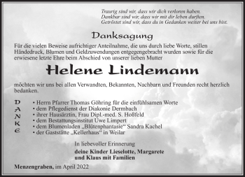 Traueranzeige von Helene Lindemann von Südthüringer Presse