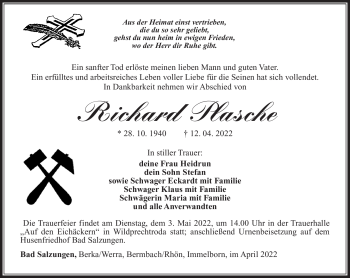 Traueranzeige von Richard Plasche von Südthüringer Presse