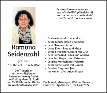 Traueranzeige von Ramona Seidenzahl von Südthüringer Presse