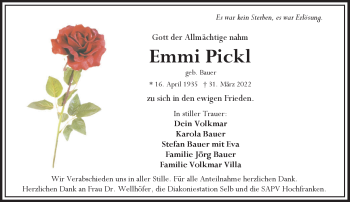 Traueranzeige von Emmi Pickl von Frankenpost
