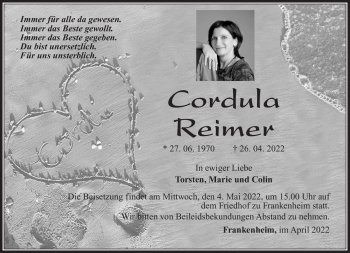 Traueranzeige von Cordula Reimer von Südthüringer Presse