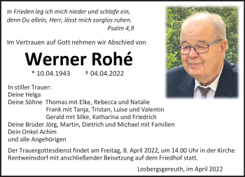 Traueranzeige von Werner Rohé von Neue Presse Coburg