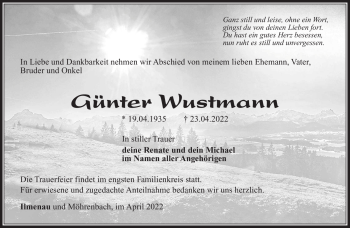 Traueranzeige von Günter Wustmann von Südthüringer Presse