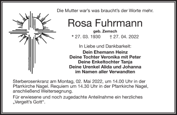 Traueranzeige von Rosa Fuhrmann von Frankenpost