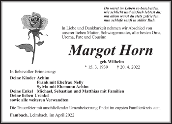 Traueranzeige von Margot Horn von Südthüringer Presse