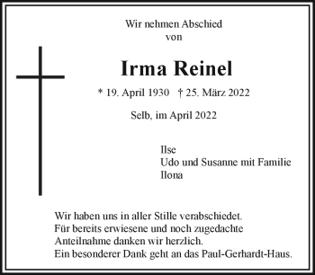Traueranzeige von Irma Reinel von Frankenpost
