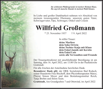 Traueranzeige von Willfried Großmann von Südthüringer Presse