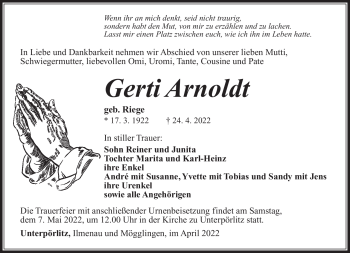 Traueranzeige von Gerti Arnoldt von Südthüringer Presse