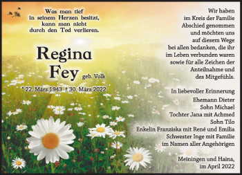 Traueranzeige von Regina Fey von Südthüringer Presse