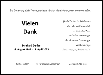 Traueranzeige von Bernhard Dehler von Neue Presse Coburg