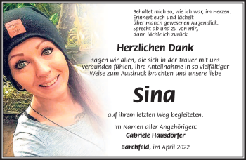 Traueranzeige von Sina Hausdörfer von Südthüringer Presse