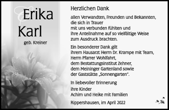 Traueranzeige von Erika Karl von Südthüringer Presse