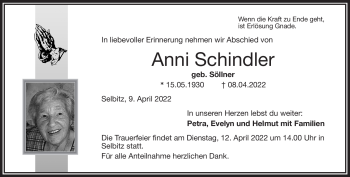 Traueranzeige von Anni Schindler von Frankenpost
