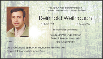 Traueranzeige von Reinhold Weihrauch von Neue Presse Coburg