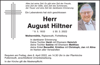 Traueranzeige von August Hiltner von Frankenpost