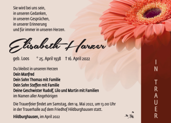 Traueranzeige von Elisabeth Harzer von Südthüringer Presse