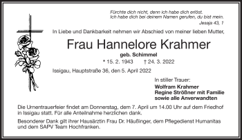 Traueranzeige von Hannelore Krahmer von Frankenpost