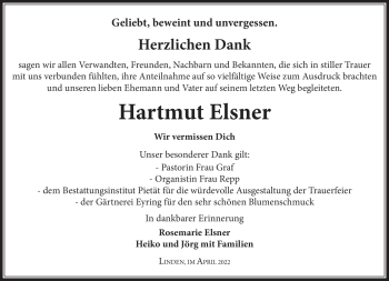 Traueranzeige von Hartmut Elsner von Südthüringer Presse