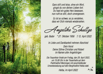 Traueranzeige von Angelika Schultze von Südthüringer Presse
