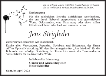 Traueranzeige von Jens Steigleder von Südthüringer Presse