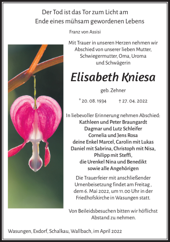 Traueranzeige von Elisabeth Kniesa von Südthüringer Presse
