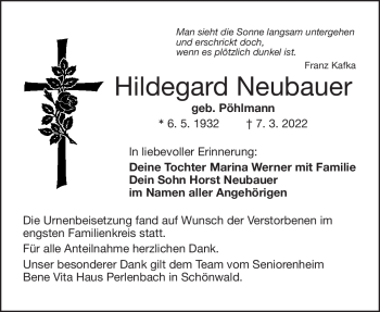 Traueranzeige von Hildegard Neubauer von Frankenpost