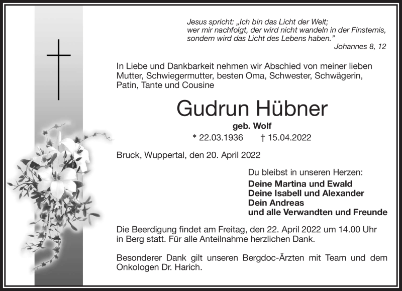  Traueranzeige für Gudrun Hübner vom 20.04.2022 aus Frankenpost