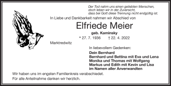 Traueranzeige von Elfriede Meier von Frankenpost