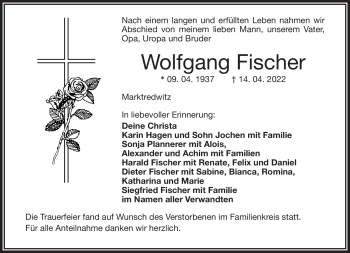 Traueranzeige von Wolfgang Fischer von Frankenpost