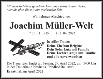 Traueranzeige von Joachim Müller-Welt von Südthüringer Presse