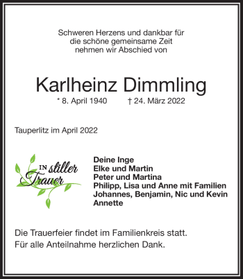 Traueranzeige von Karlheinz Dimmling von Frankenpost