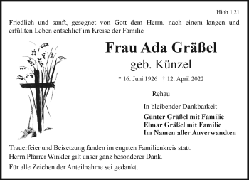 Traueranzeige von Ada Gräßel von Frankenpost