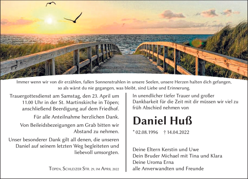  Traueranzeige für Daniel Huß vom 21.04.2022 aus Frankenpost