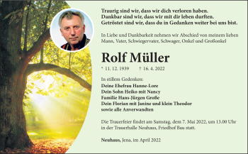 Traueranzeige von Rolf Müller von Südthüringer Presse