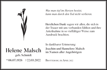 Traueranzeige von elene Malsch von Südthüringer Presse