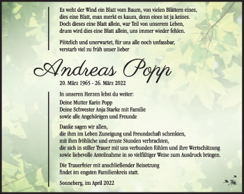 Traueranzeige von Andreas Popp von Südthüringer Presse