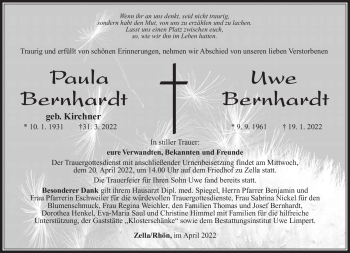 Traueranzeige von PaulaUwe BernhardtBernhardt von Südthüringer Presse
