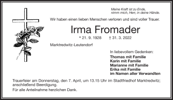Traueranzeige von Irma Fromader von Frankenpost
