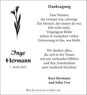 Traueranzeige von Inge Hermann von Südthüringer Presse
